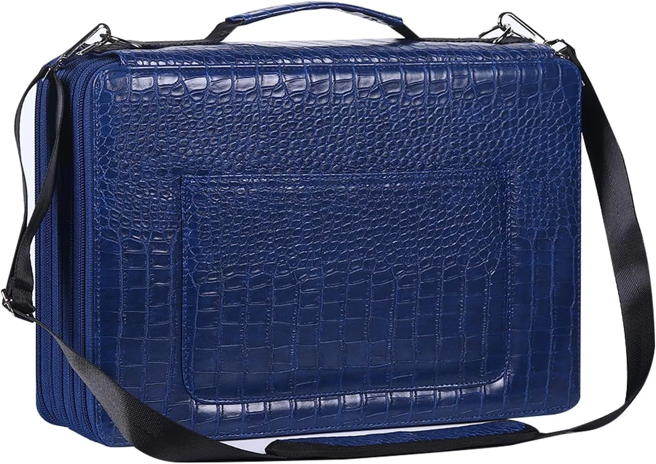 Shulaner Pencil Case Slot Holds 500 Colored Pencils or 340 Color Gel Pens with Zipper Closure Large Capacity PU Leather Pen Organizer Bag with Shoulder Strap (Blue Croco, Large Slots)