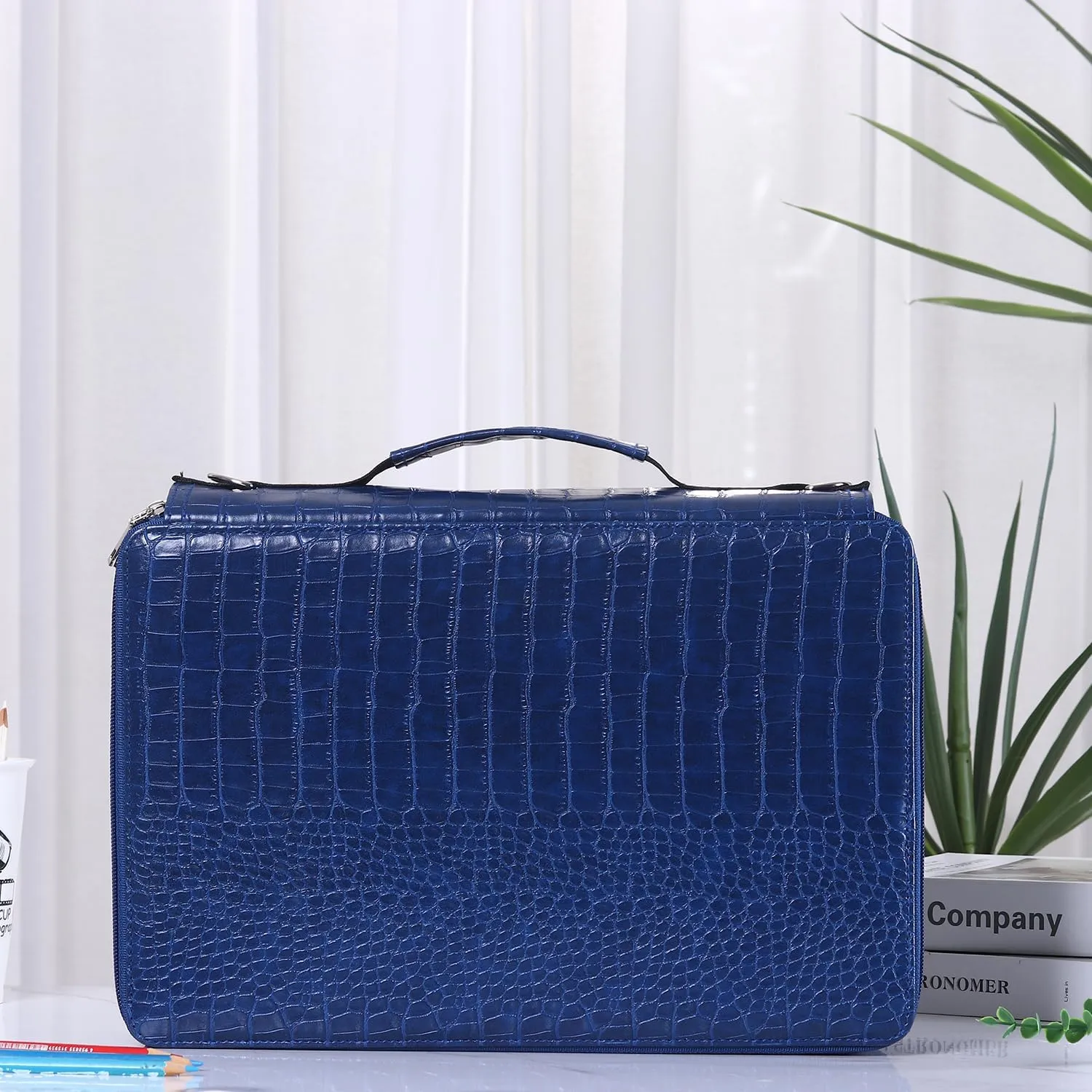 Shulaner Pencil Case Slot Holds 500 Colored Pencils or 340 Color Gel Pens with Zipper Closure Large Capacity PU Leather Pen Organizer Bag with Shoulder Strap (Blue Croco, Large Slots)