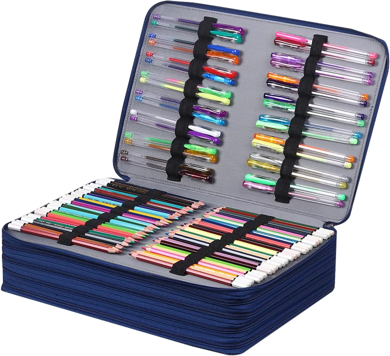 Shulaner Pencil Case Slot Holds 500 Colored Pencils or 340 Color Gel Pens with Zipper Closure Large Capacity PU Leather Pen Organizer Bag with Shoulder Strap (Blue Croco, Large Slots)