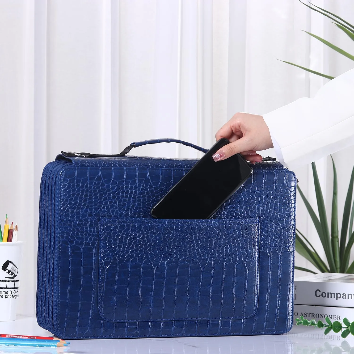 Shulaner Pencil Case Slot Holds 500 Colored Pencils or 340 Color Gel Pens with Zipper Closure Large Capacity PU Leather Pen Organizer Bag with Shoulder Strap (Blue Croco, Large Slots)