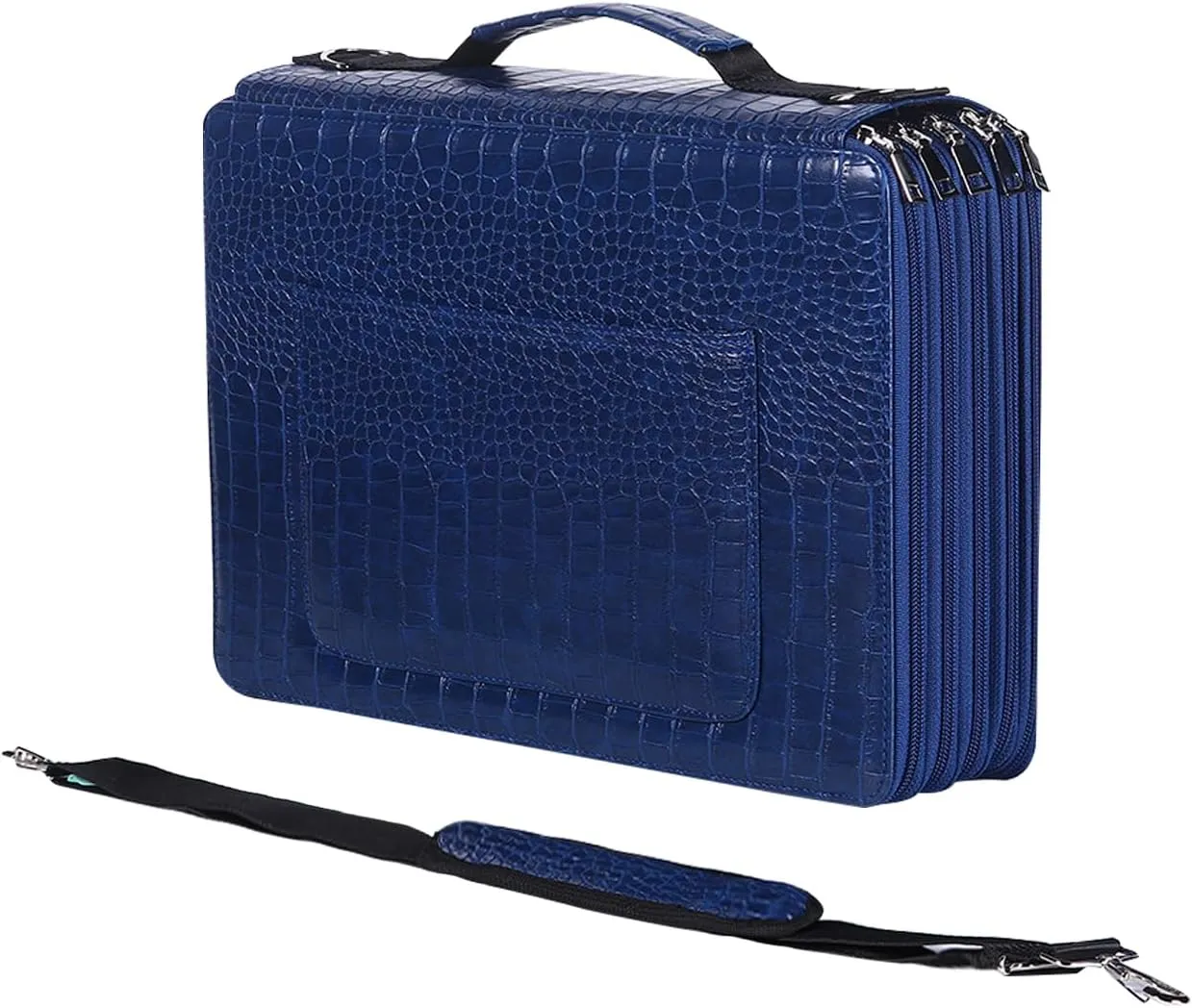 Shulaner Pencil Case Slot Holds 500 Colored Pencils or 340 Color Gel Pens with Zipper Closure Large Capacity PU Leather Pen Organizer Bag with Shoulder Strap (Blue Croco, Large Slots)