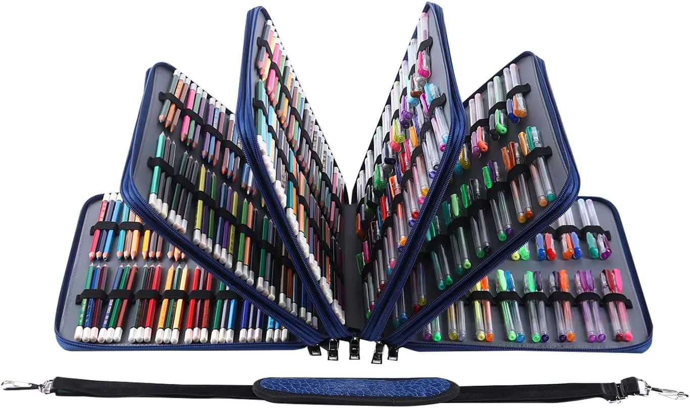 Shulaner Pencil Case Slot Holds 500 Colored Pencils or 340 Color Gel Pens with Zipper Closure Large Capacity PU Leather Pen Organizer Bag with Shoulder Strap (Blue Croco, Large Slots)