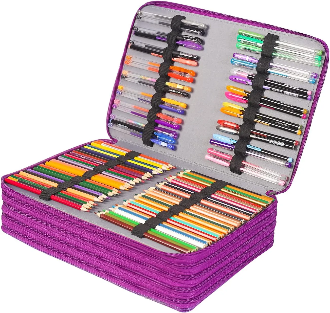 Shulaner Pencil Case Slot Holds 500 Colored Pencils or 340 Color Gel Pens with Zipper Closure Large Capacity PU Leather Pen Organizer Bag with Shoulder Strap (Purple Croco, Large Slots)