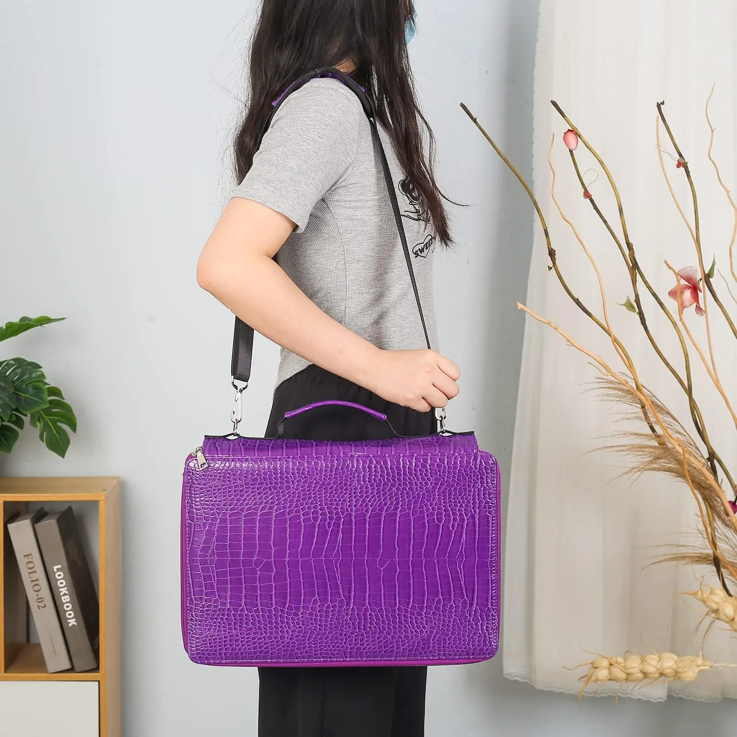 Shulaner Pencil Case Slot Holds 500 Colored Pencils or 340 Color Gel Pens with Zipper Closure Large Capacity PU Leather Pen Organizer Bag with Shoulder Strap (Purple Croco, Large Slots)