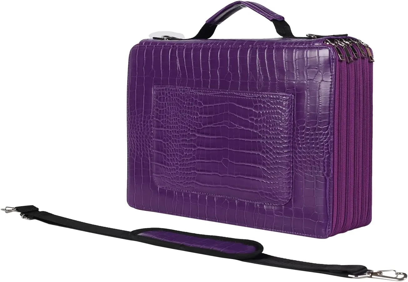 Shulaner Pencil Case Slot Holds 500 Colored Pencils or 340 Color Gel Pens with Zipper Closure Large Capacity PU Leather Pen Organizer Bag with Shoulder Strap (Purple Croco, Large Slots)