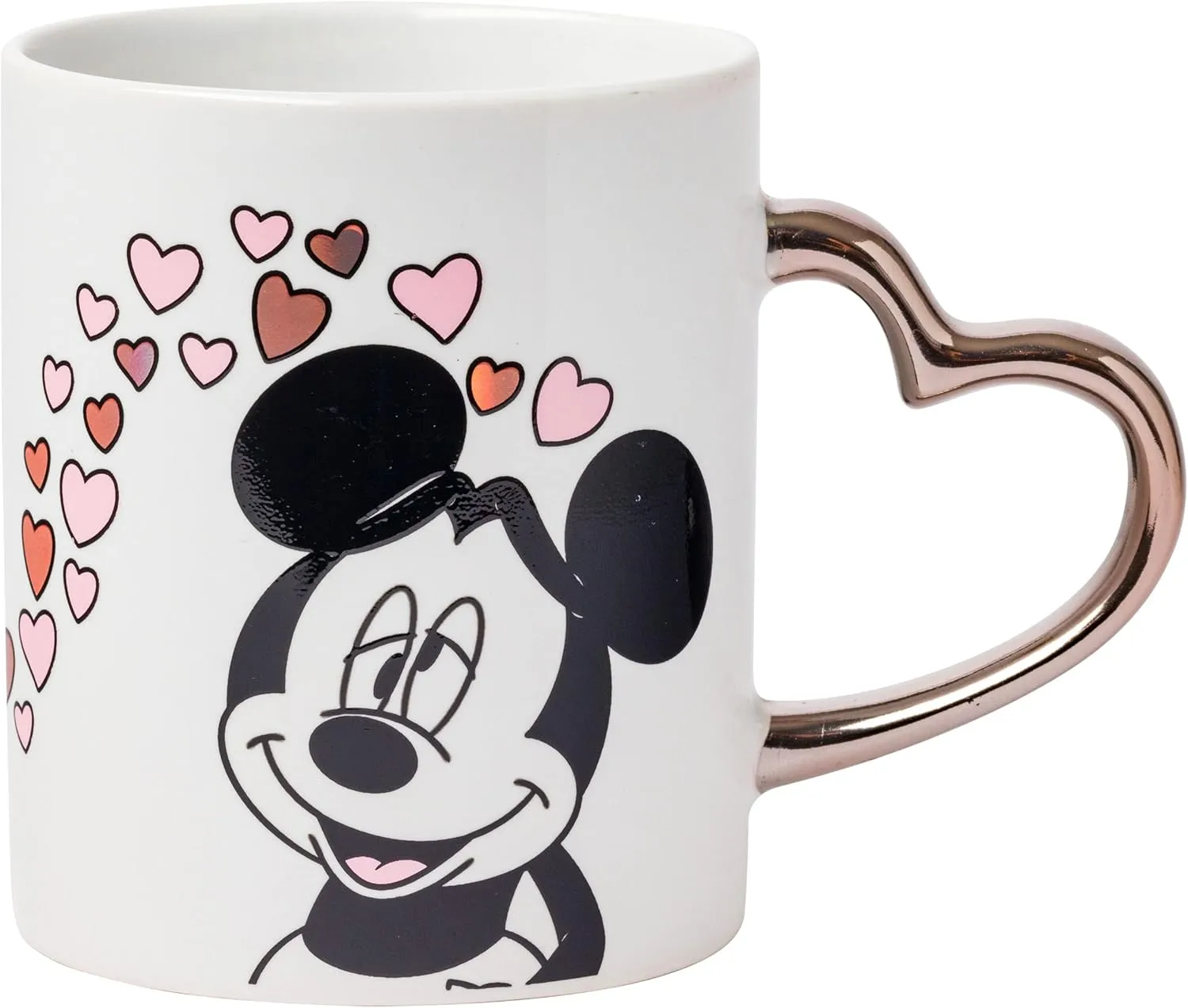 Silver Buffalo Minnie Blowing Kiss to Mickey with Hearts Gold Heart Shaped Handle 2 Pack Ceramic Mug Set, 14 Ounces