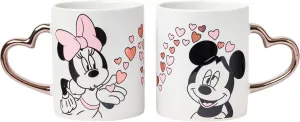 Silver Buffalo Minnie Blowing Kiss to Mickey with Hearts Gold Heart Shaped Handle 2 Pack Ceramic Mug Set, 14 Ounces