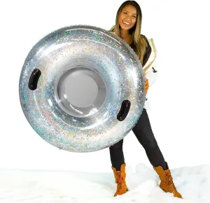 Silver Glitter Snow Tube – Large Inflatable Snow Sled with Holographic Sparkle – Heavy-Duty, Cold-Resistant PVC, Supports Up to 250 lbs