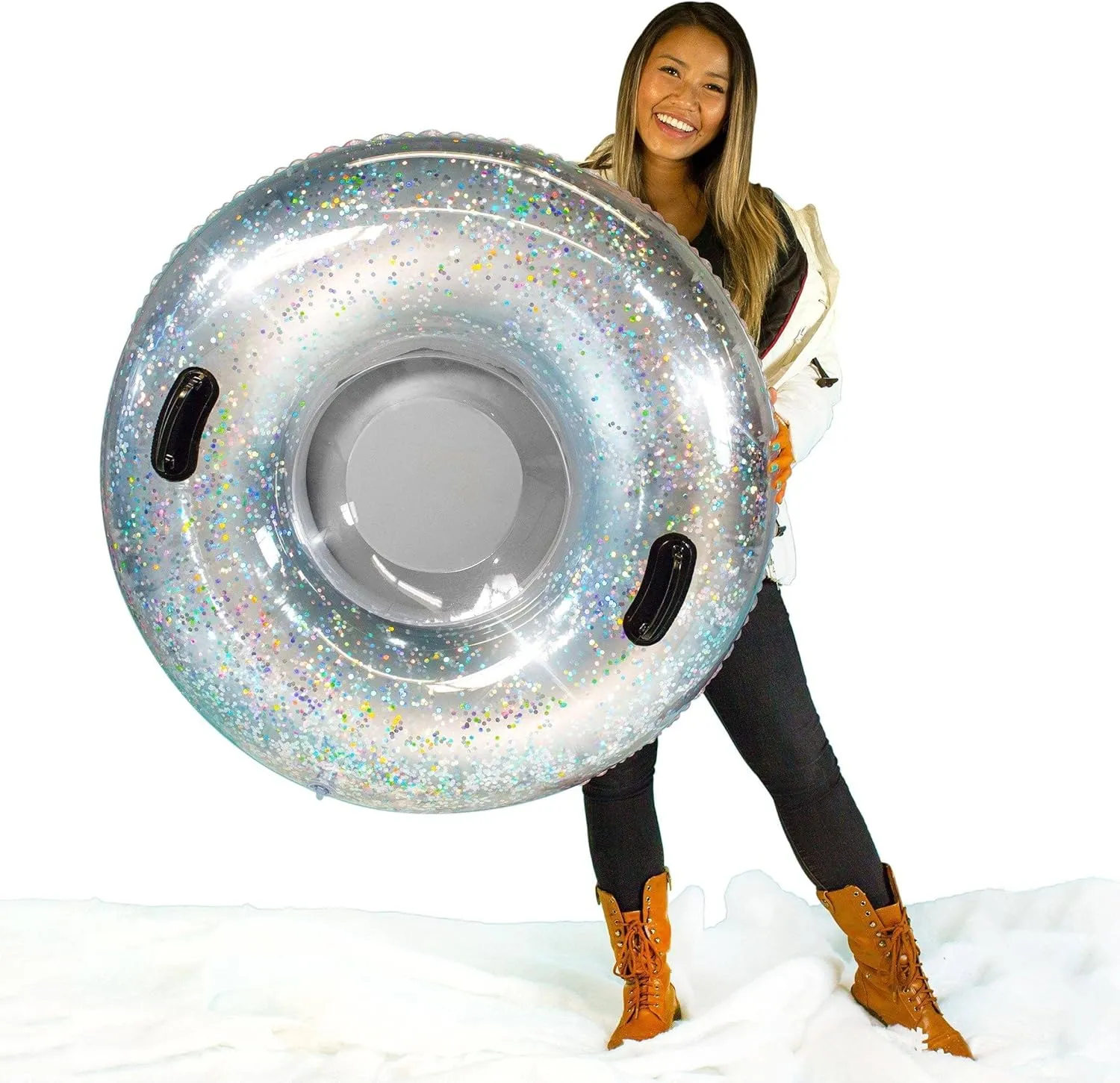 Silver Glitter Snow Tube – Large Inflatable Snow Sled with Holographic Sparkle – Heavy-Duty, Cold-Resistant PVC, Supports Up to 250 lbs
