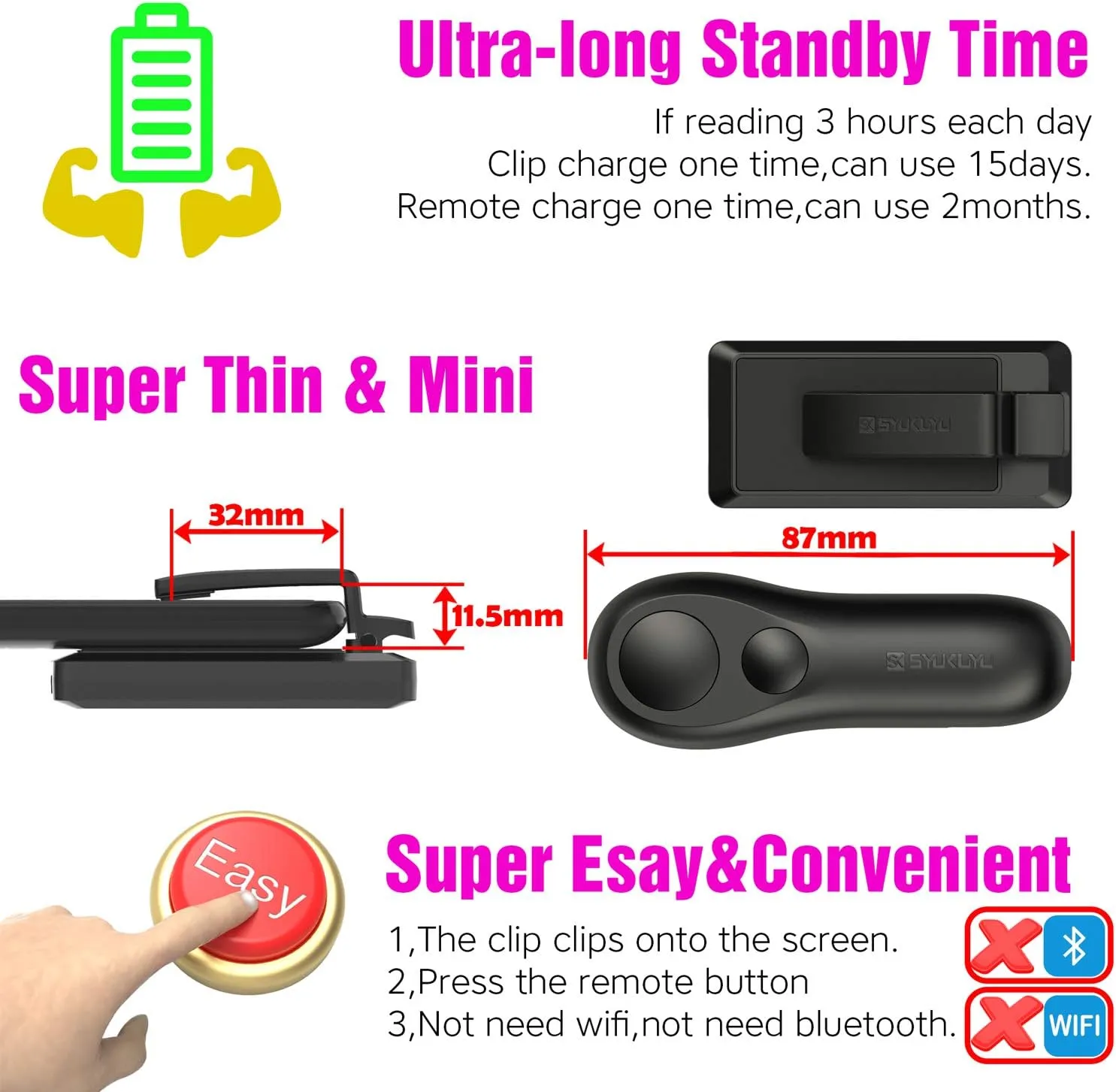 SK SYUKUYU RF Remote Control Page Turner for Kindle Reading Ipad Surface Comics, iPhone Android Tablets Reading Novels Taking Photos(Black)