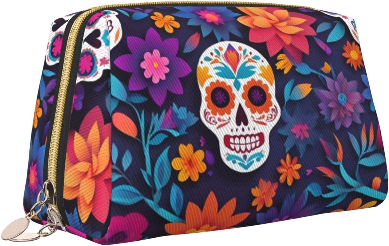 Skull Flower Toiletry Pouch, Travel-Friendly Makeup Organizer For Makeup Brushes, Lipsticks