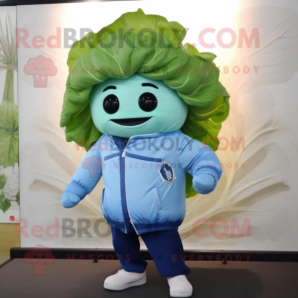 Sky Blue Cabbage Leaf mascot costume character dressed with a Bomber Jacket and Beanies, Large