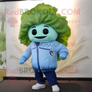 Sky Blue Cabbage Leaf mascot costume character dressed with a Bomber Jacket and Beanies, Large