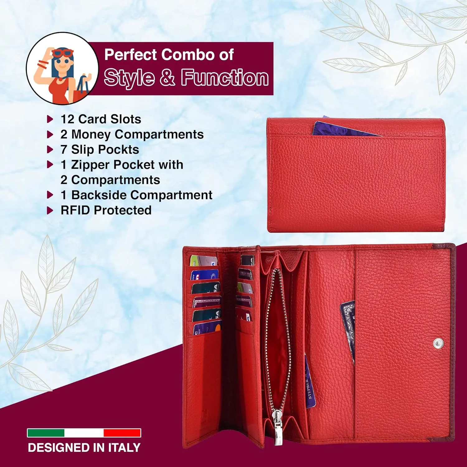 SKYLE Soft Leather Wallet for Women Stylish (Red), RFID Protected Ladies Purse Handbag, Phone Wallet, Durable Hand Carry Evening Clutch for Girls
