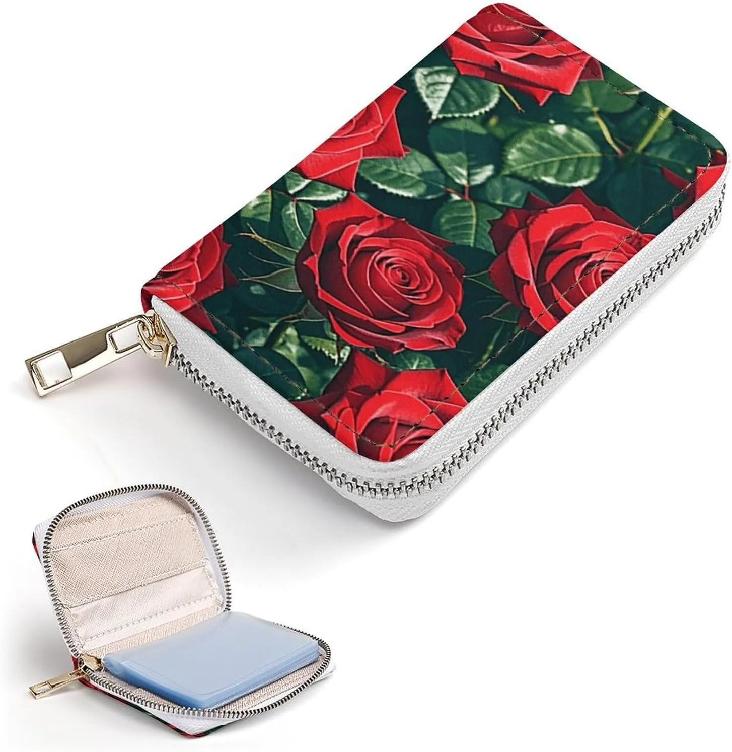 Slim Credit Card Holder Minimalist Red Rose Romantic Printing Leather Card Bag Compact Card Organizer For Daily Use