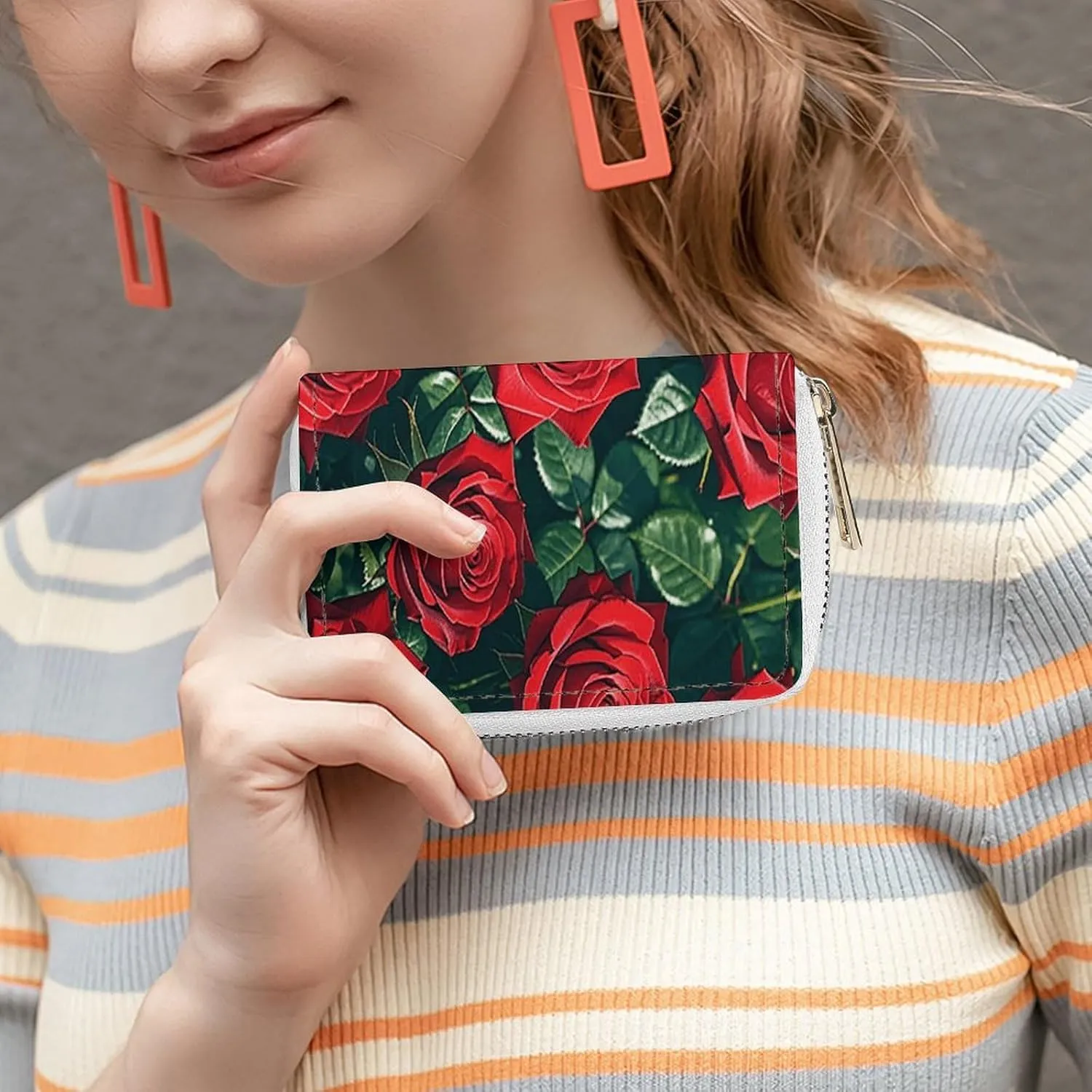 Slim Credit Card Holder Minimalist Red Rose Romantic Printing Leather Card Bag Compact Card Organizer For Daily Use