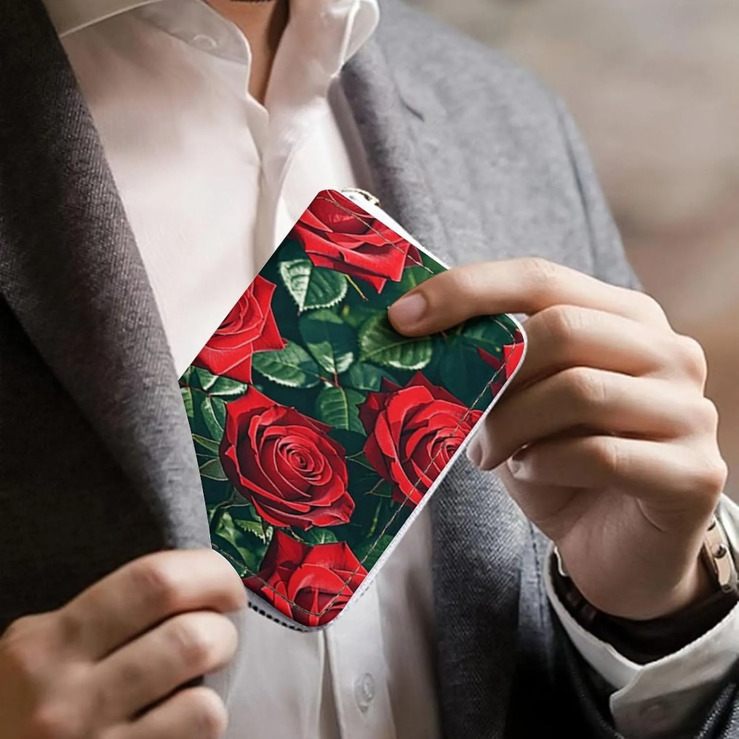 Slim Credit Card Holder Minimalist Red Rose Romantic Printing Leather Card Bag Compact Card Organizer For Daily Use