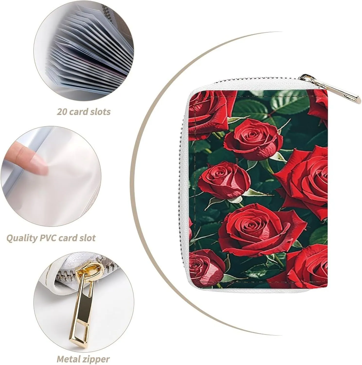 Slim Credit Card Holder Minimalist Red Rose Romantic Printing Leather Card Bag Compact Card Organizer For Daily Use