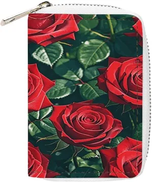 Slim Credit Card Holder Minimalist Red Rose Romantic Printing Leather Card Bag Compact Card Organizer For Daily Use