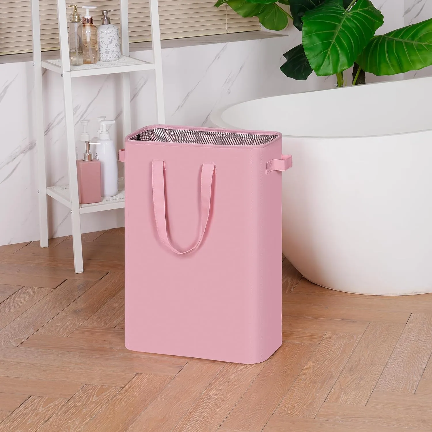 Slim Laundry Basket, Narrow Laundry Hamper with Handles, Collapsible Dirty Clothes Hamper, Tall Laundry Bin for Laundry Room, Dorm and Bedroom, 12.7 Gallons(48L) Pink