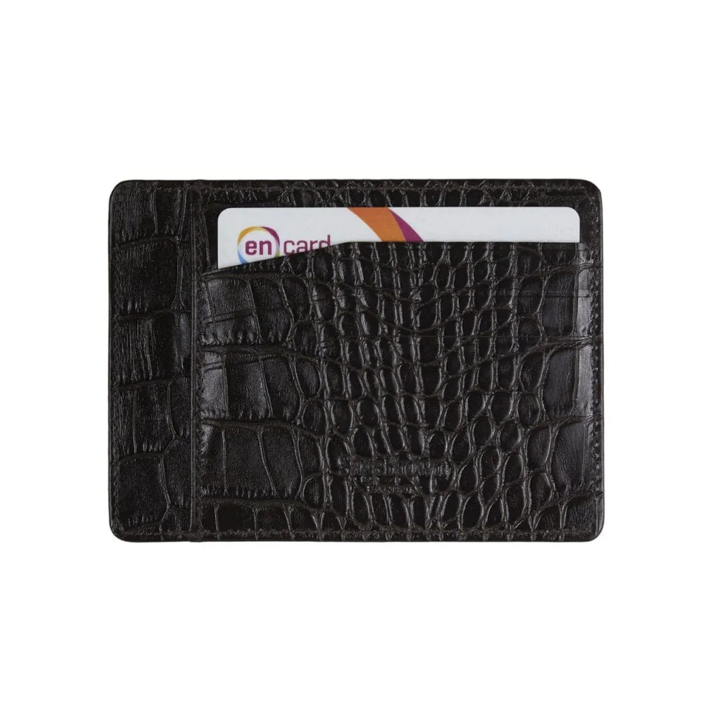 Slim Leather Flat Credit Card Holder - Brown Croc-Effect