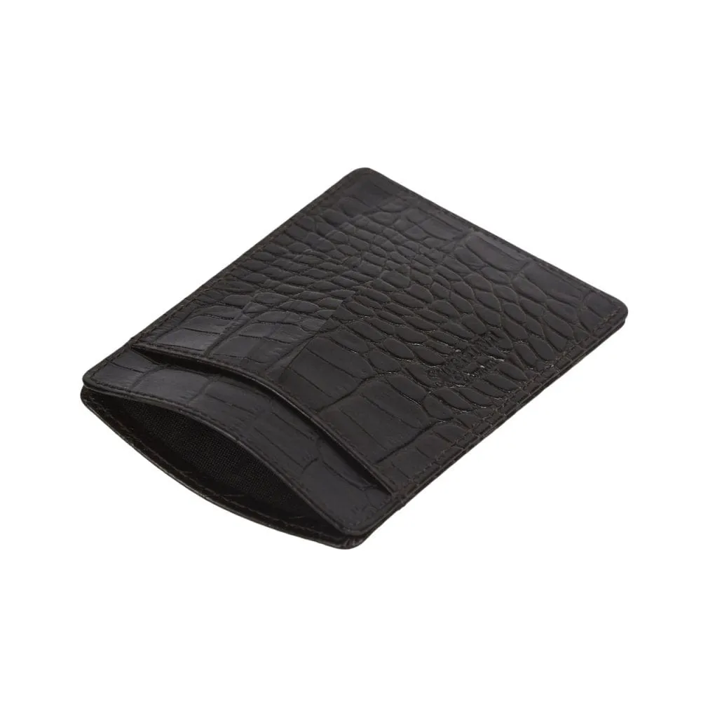 Slim Leather Flat Credit Card Holder - Brown Croc-Effect