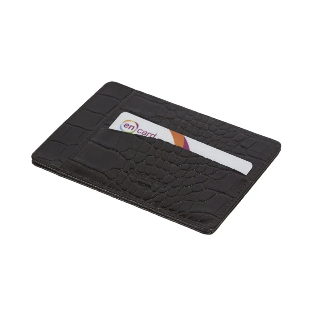 Slim Leather Flat Credit Card Holder - Brown Croc-Effect