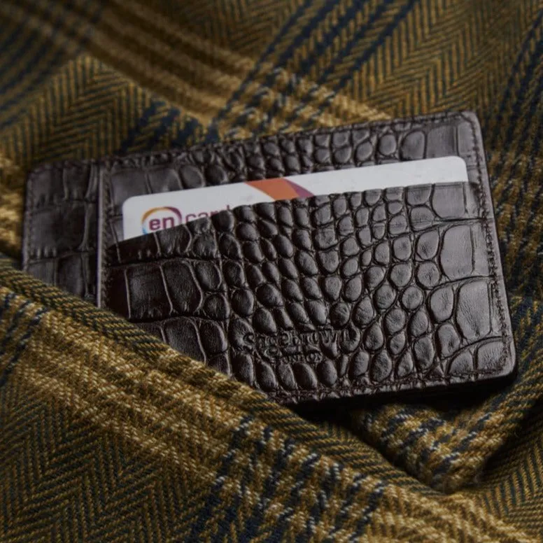 Slim Leather Flat Credit Card Holder - Brown Croc-Effect