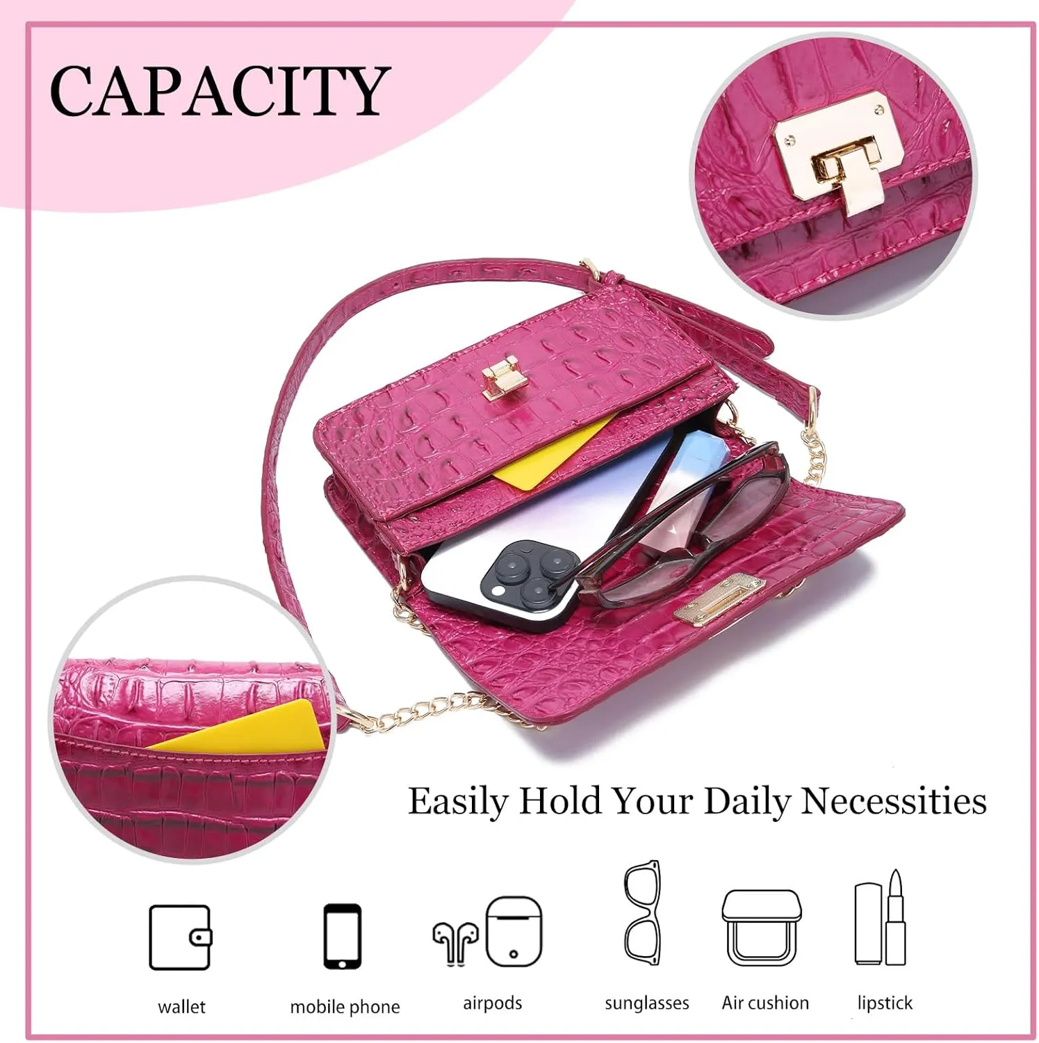 Small Crocodile Crossbody Cell Phone Purse for women Vegan Leather Clutch Wallet with Leather Shoulder Strap