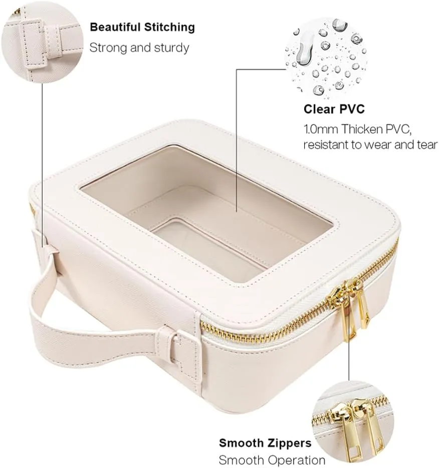 Small Makeup Case Organizer Travel Clear Cosmetic Bag for Women TSA Approved Portable Toiletry Bag Multipurpose Leather Makeup Bag Waterproof Leather Make Up Pouch with Zipper