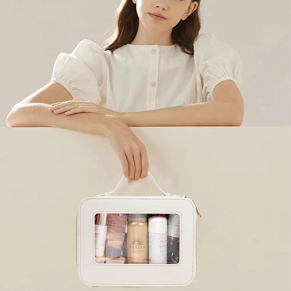 Small Makeup Case Organizer Travel Clear Cosmetic Bag for Women TSA Approved Portable Toiletry Bag Multipurpose Leather Makeup Bag Waterproof Leather Make Up Pouch with Zipper