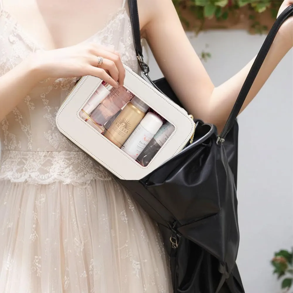 Small Makeup Case Organizer Travel Clear Cosmetic Bag for Women TSA Approved Portable Toiletry Bag Multipurpose Leather Makeup Bag Waterproof Leather Make Up Pouch with Zipper