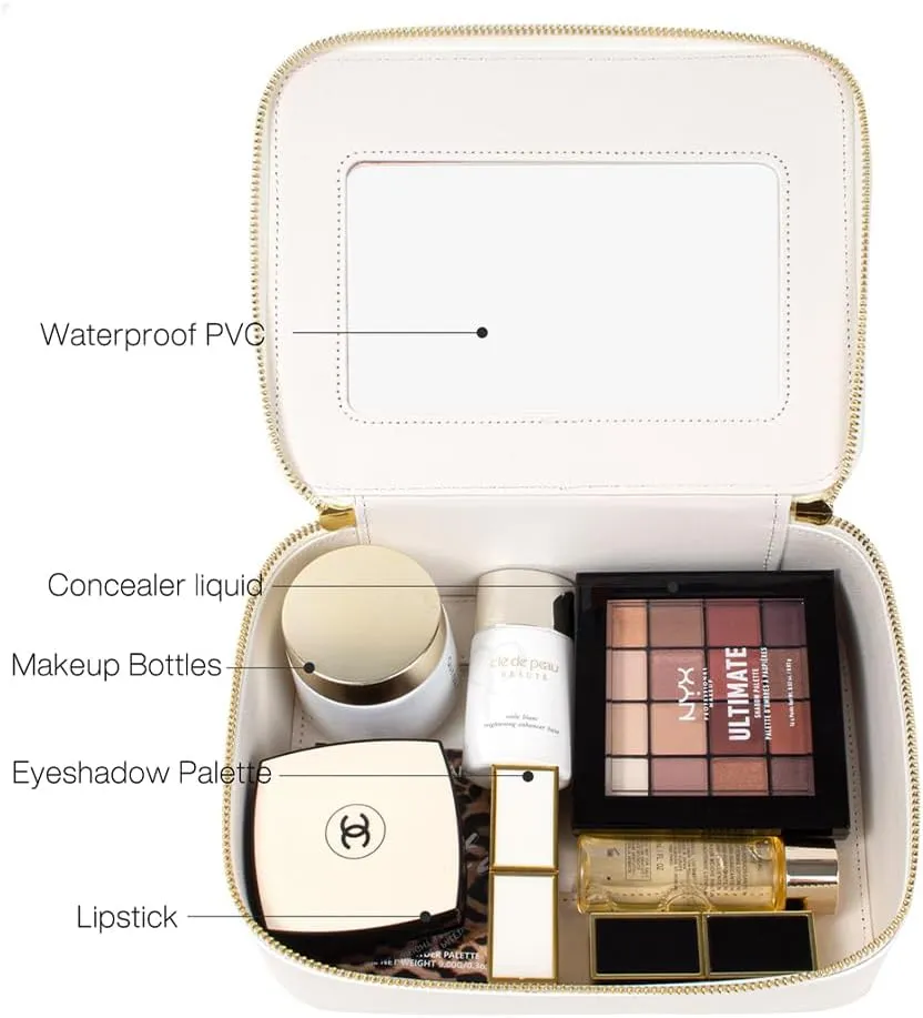 Small Makeup Case Organizer Travel Clear Cosmetic Bag for Women TSA Approved Portable Toiletry Bag Multipurpose Leather Makeup Bag Waterproof Leather Make Up Pouch with Zipper