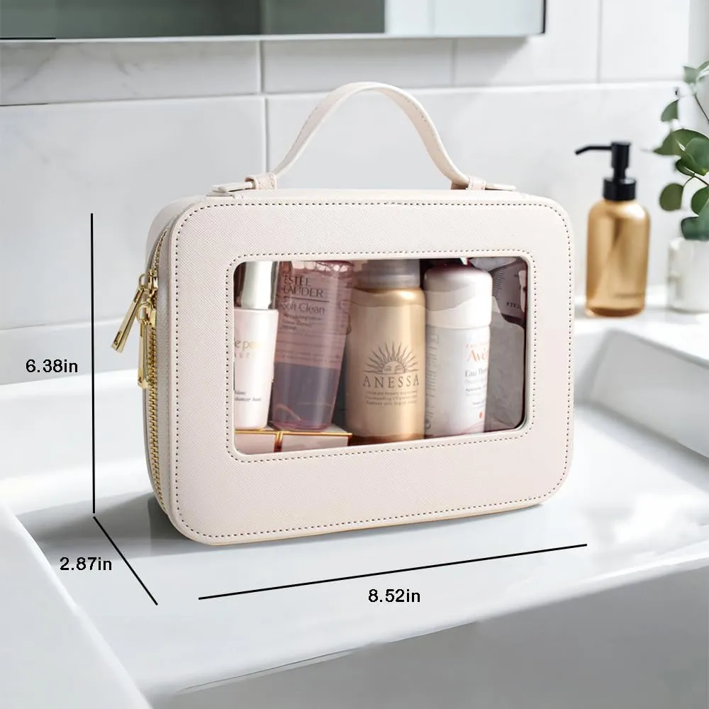 Small Makeup Case Organizer Travel Clear Cosmetic Bag for Women TSA Approved Portable Toiletry Bag Multipurpose Leather Makeup Bag Waterproof Leather Make Up Pouch with Zipper