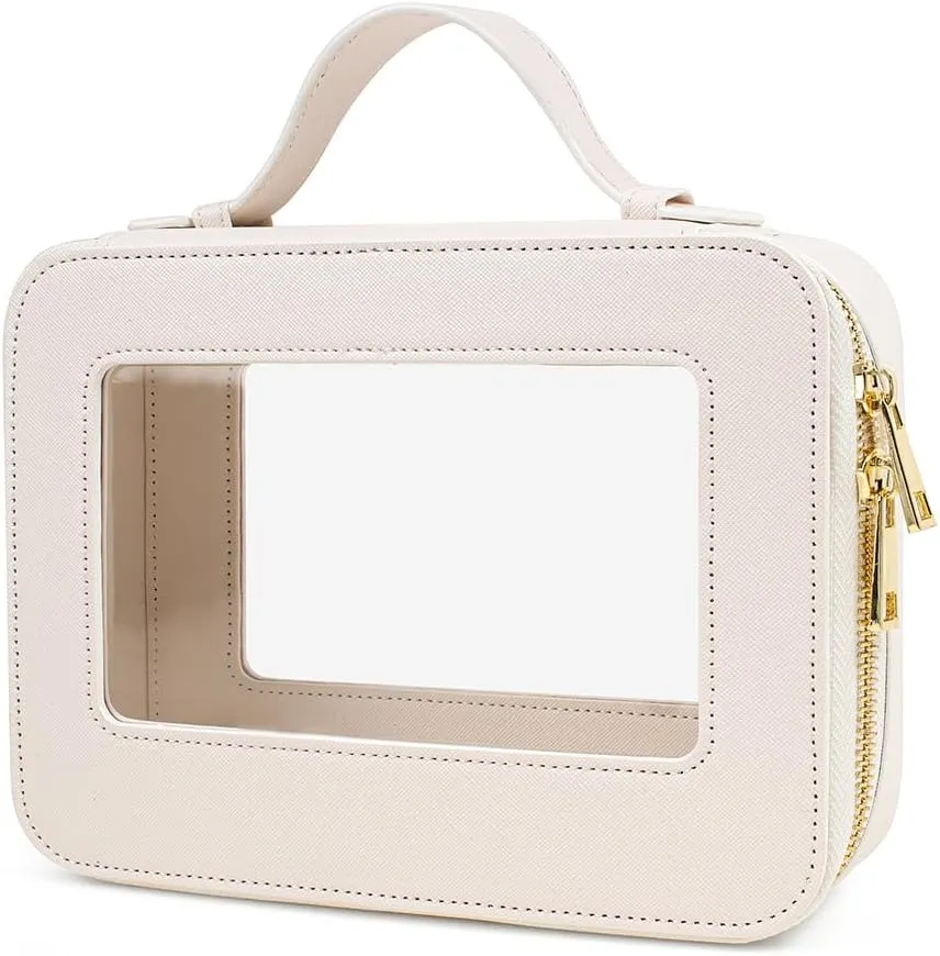 Small Makeup Case Organizer Travel Clear Cosmetic Bag for Women TSA Approved Portable Toiletry Bag Multipurpose Leather Makeup Bag Waterproof Leather Make Up Pouch with Zipper