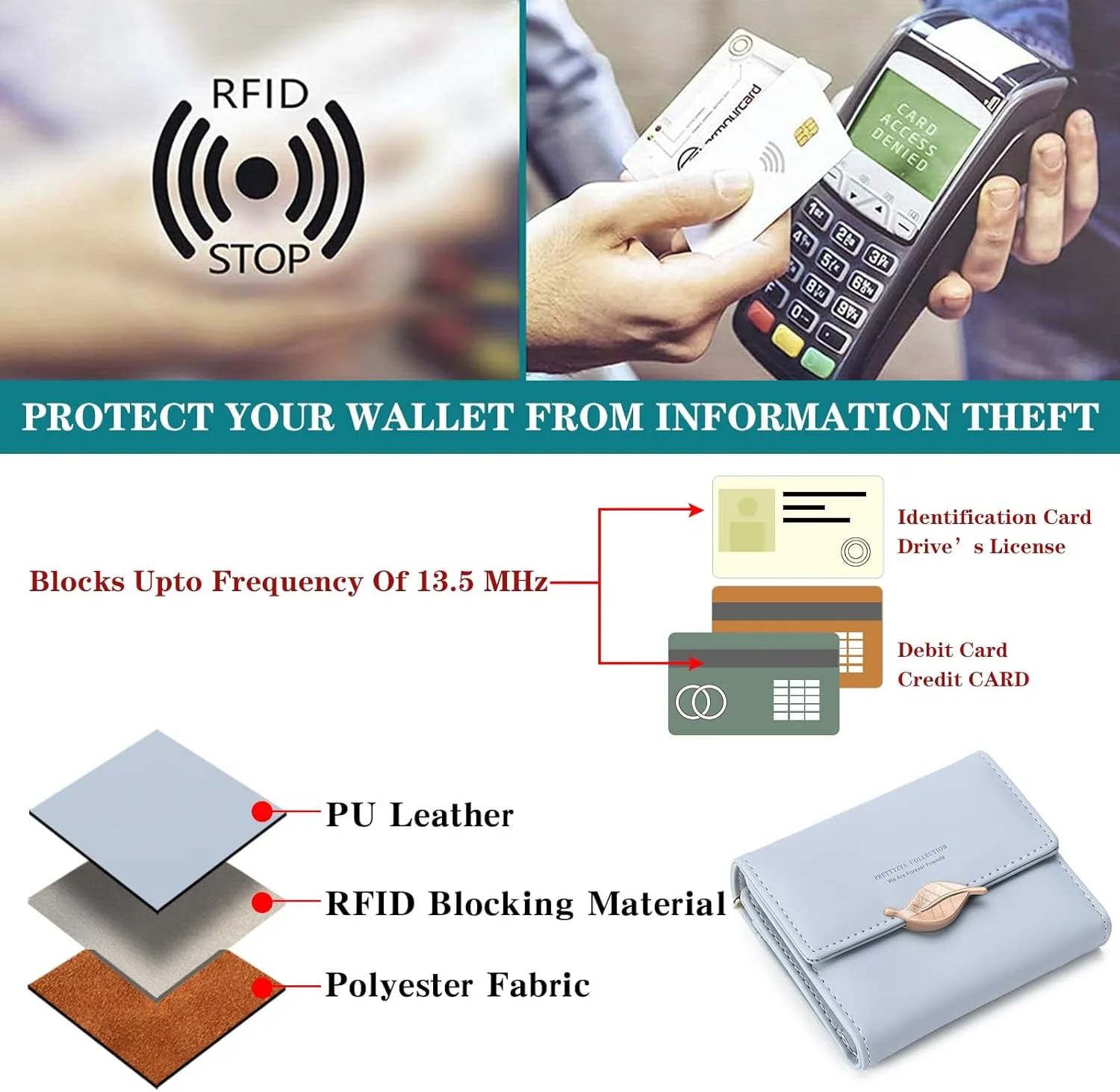 Small Womens Wallet Trifold Leather Card Holder RFID Blocking Zipper Pocket Ladies Purse with ID Window