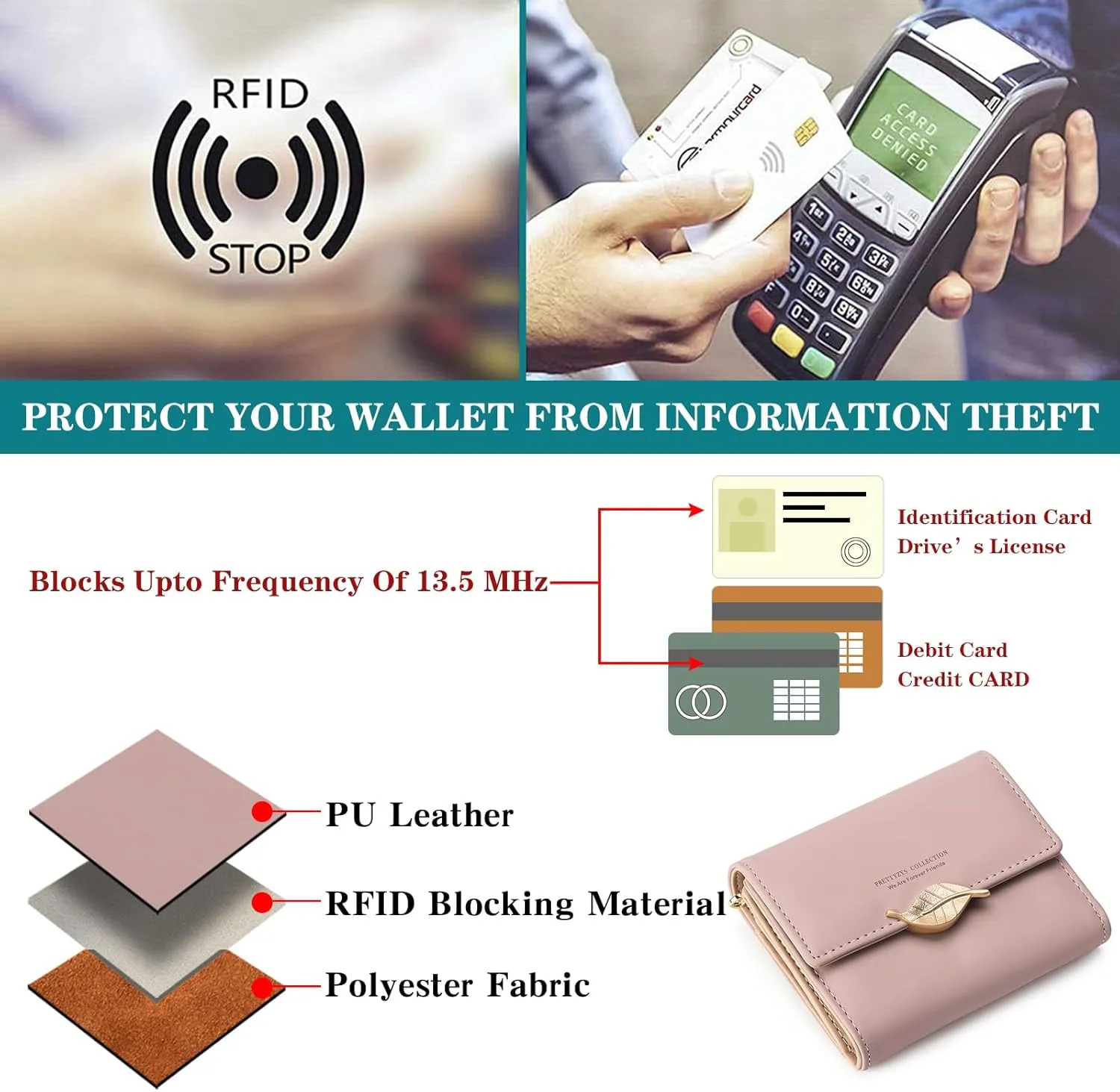 Small Womens Wallet Trifold Leather Card Holder RFID Blocking Zipper Pocket Ladies Purse with ID Window