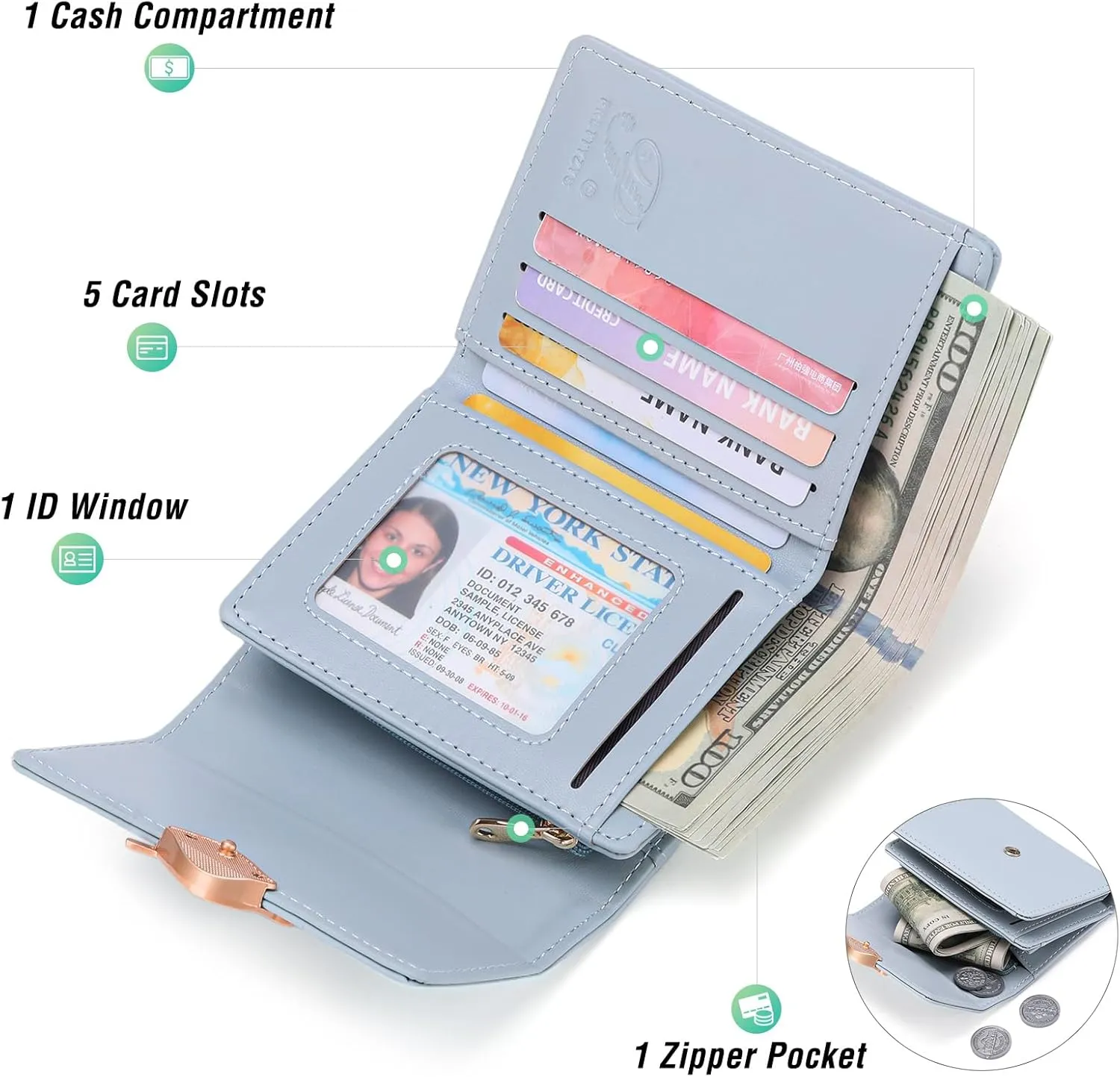 Small Womens Wallet Trifold Leather Card Holder RFID Blocking Zipper Pocket Ladies Purse with ID Window