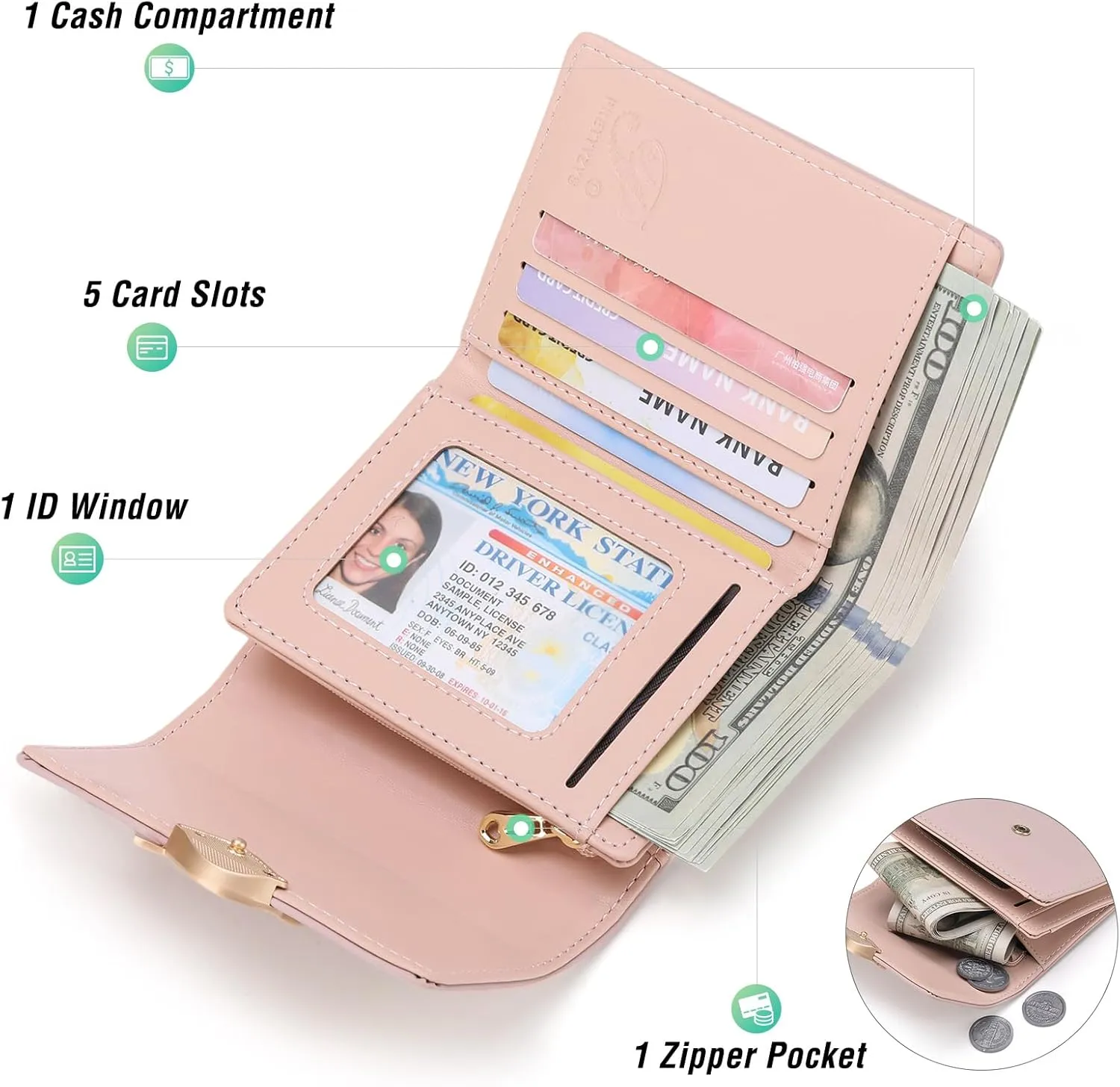 Small Womens Wallet Trifold Leather Card Holder RFID Blocking Zipper Pocket Ladies Purse with ID Window