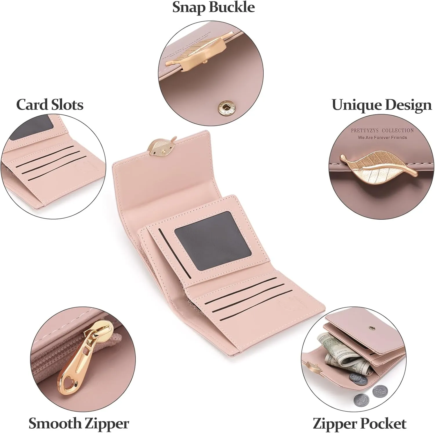 Small Womens Wallet Trifold Leather Card Holder RFID Blocking Zipper Pocket Ladies Purse with ID Window