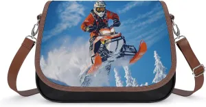 Snowmobile Action Snowy Scene Crossbody Bags for Women Leather Tote Bag Handbag Purse for Work Travel