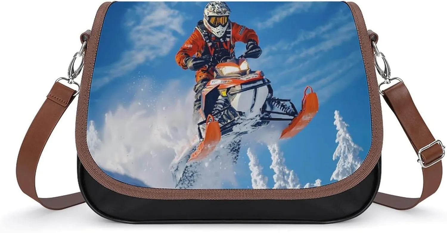 Snowmobile Action Snowy Scene Crossbody Bags for Women Leather Tote Bag Handbag Purse for Work Travel