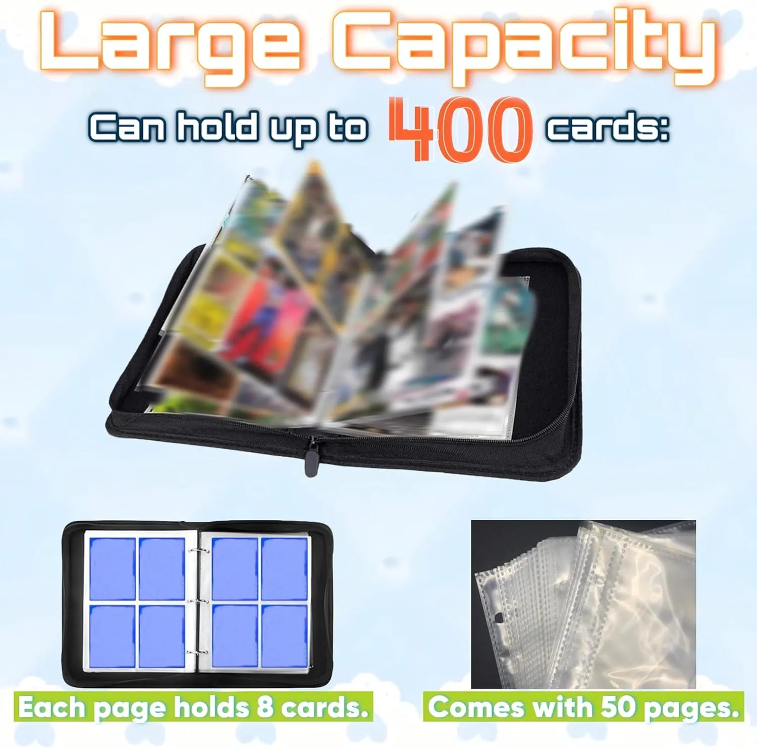 Soccer Trading Card Binder, 4 Pockets 400 Cards Holder with 50 Removable Sleeves Card Book Card Organizer for Sports Cards Album Gifts for Card Collectors