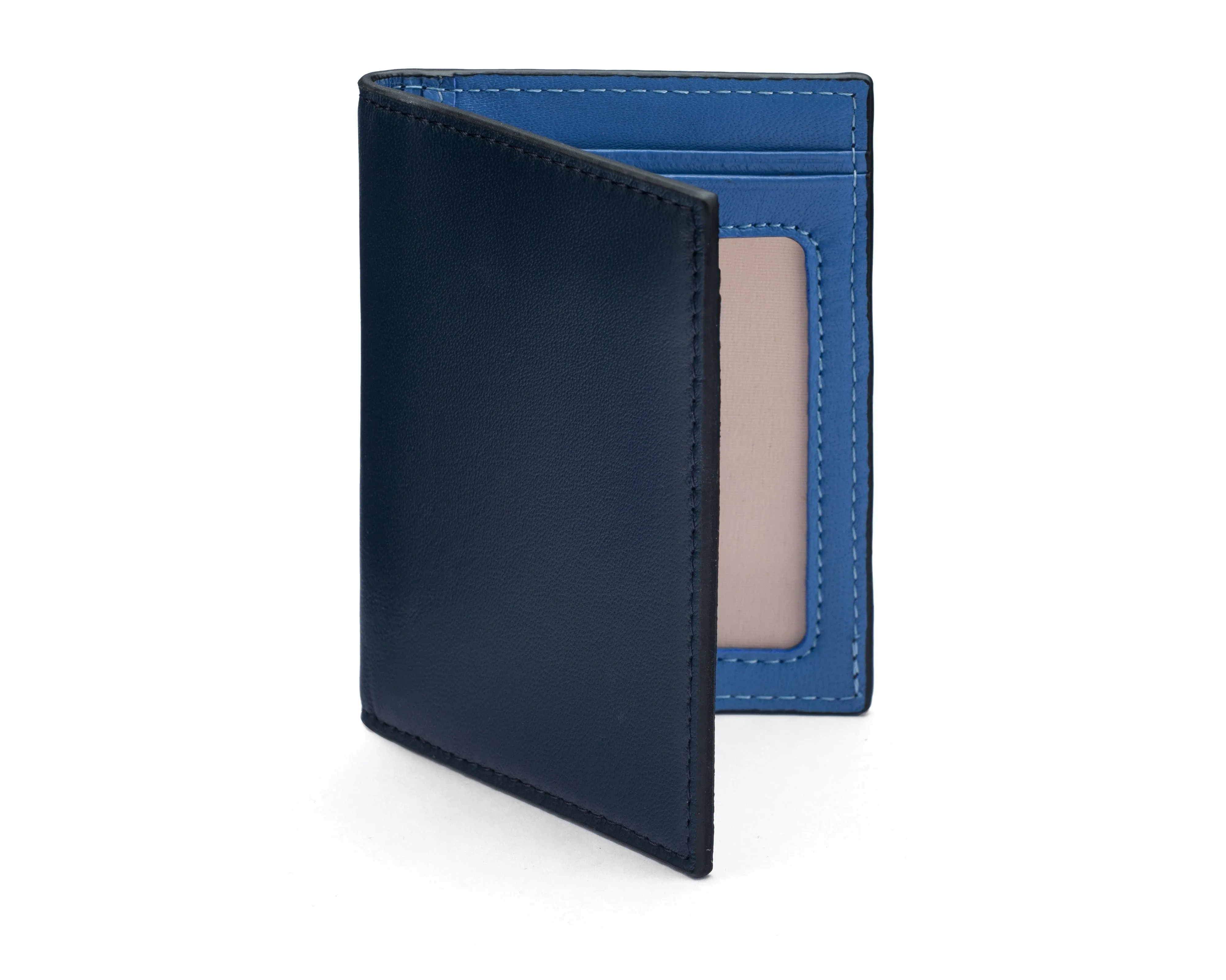 Soft Leather Credit Card Case, RFID Protection - Navy With Blue