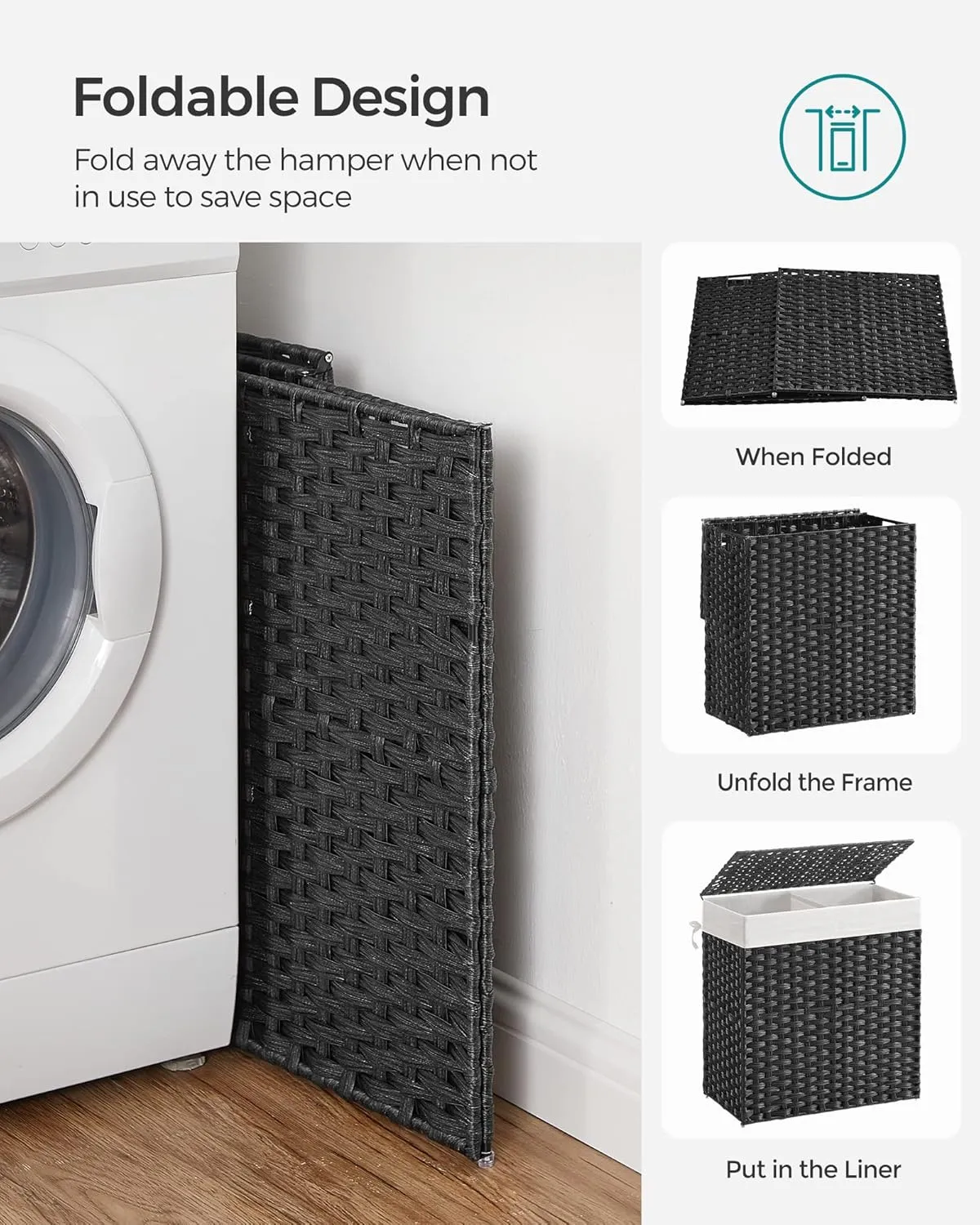 SONGMICS Laundry Hamper with Lid, 110L Clothes Hamper with 2 Removable Liner Bags, 6 Mesh Bags, Wicker Laundry Basket, Double Laundry Hamper for Laundry Room, 13 x 22.4 x 23.6 Inches Black ULCB52BK