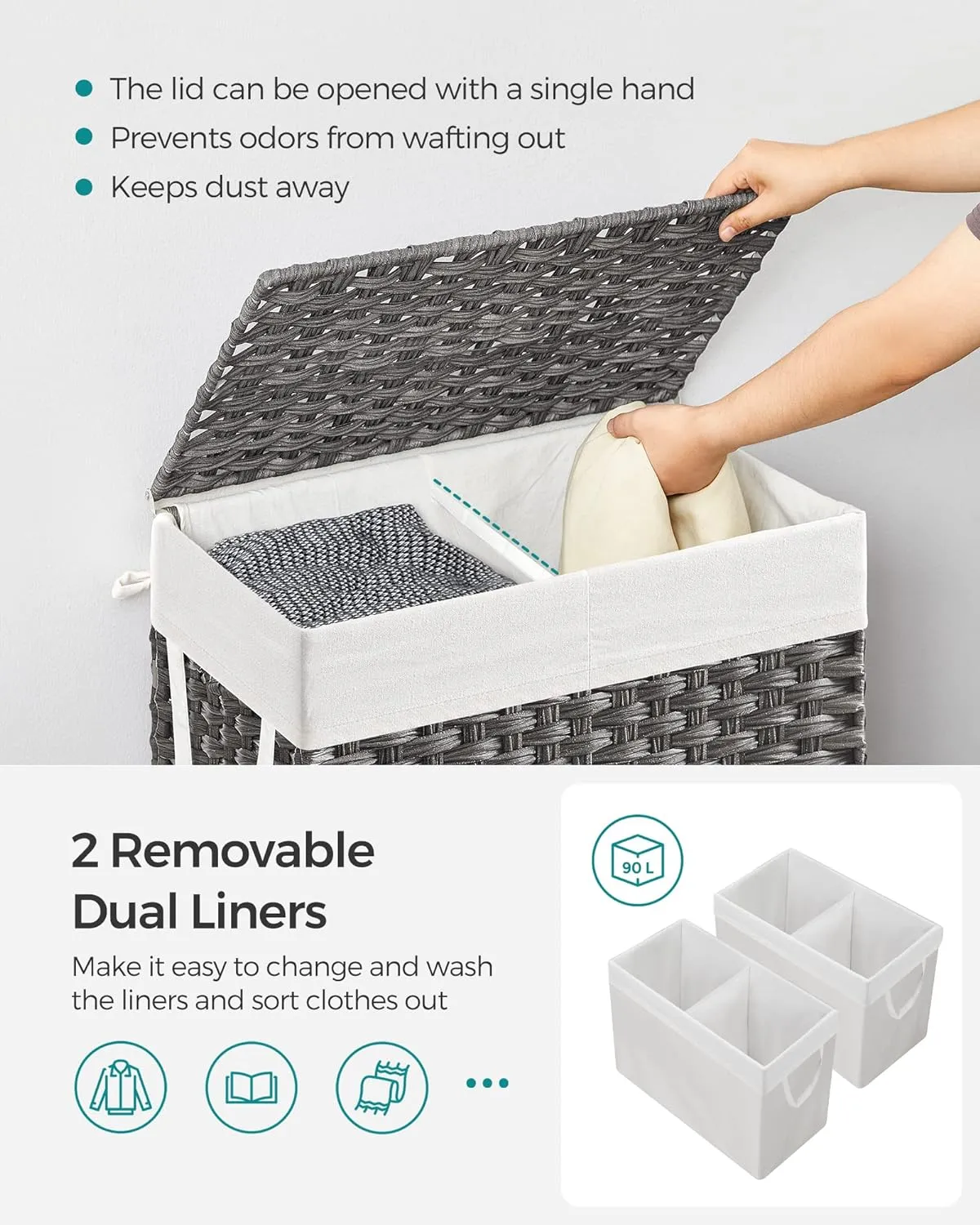 SONGMICS Laundry Hamper with Lid, 90L Clothes Hamper with 2 Removable Liner Bags, 6 Mesh Bags, Wicker Laundry Basket, Double Laundry Hamper for Bathroom, 13 x 18.1 x 23.6 Inches, Gray ULCB251G01V1