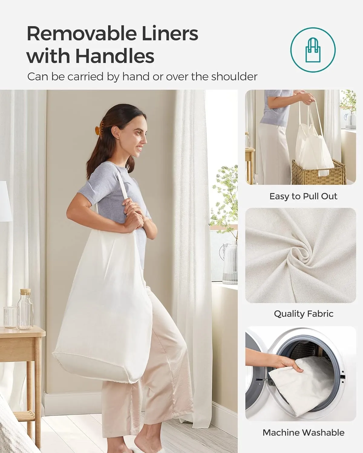 SONGMICS Laundry Hamper with Lid, 90L Clothes Hamper with 2 Removable Liner Bags, 6 Mesh Bags, Wicker Laundry Basket, Double Laundry Hamper for Bathroom, 13 x 18.1 x 23.6 Inches, Natural ULCB251N01V1