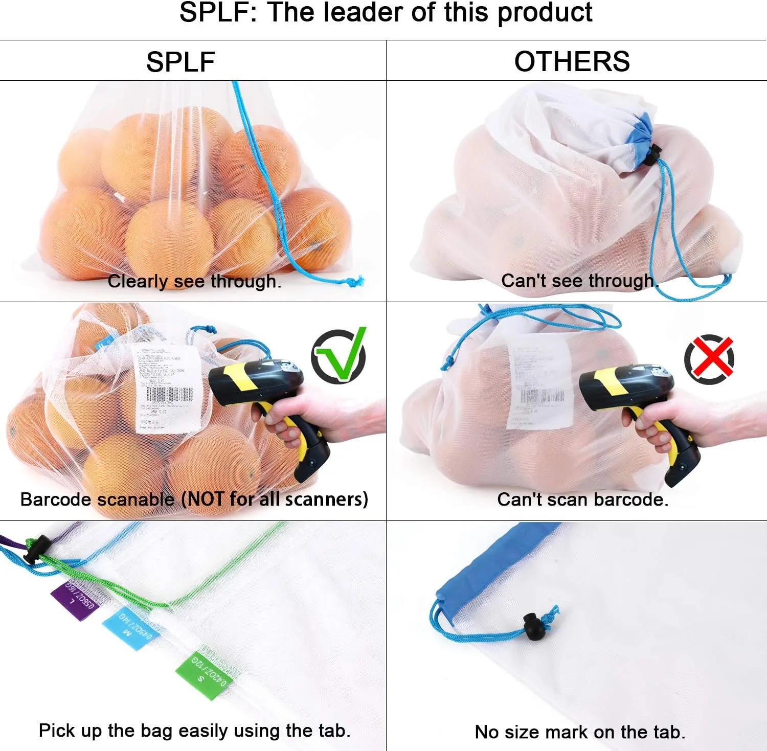 SPLF 12 Pcs Heavy Duty Reusable Mesh Produce Bags, Barcode Scanable See Through Food Safe Mesh Bags with Drawstring for Fruits, Vegetable, Food, Toys, Grocery Storage, Large Medium Small