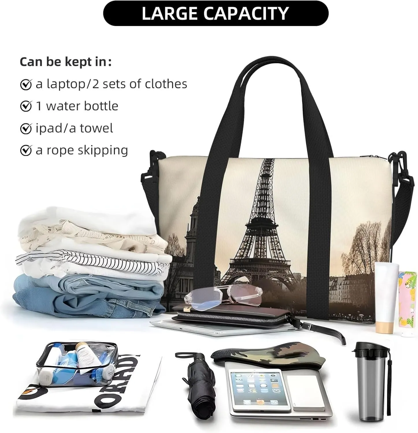 Sports Gym Bag for Women Men Travel Duffel Bag Tote Weekender Bag Carry on Overnight Bag for Travel Swimming Fitness Workout Sports Travel Paris Duffle Bag
