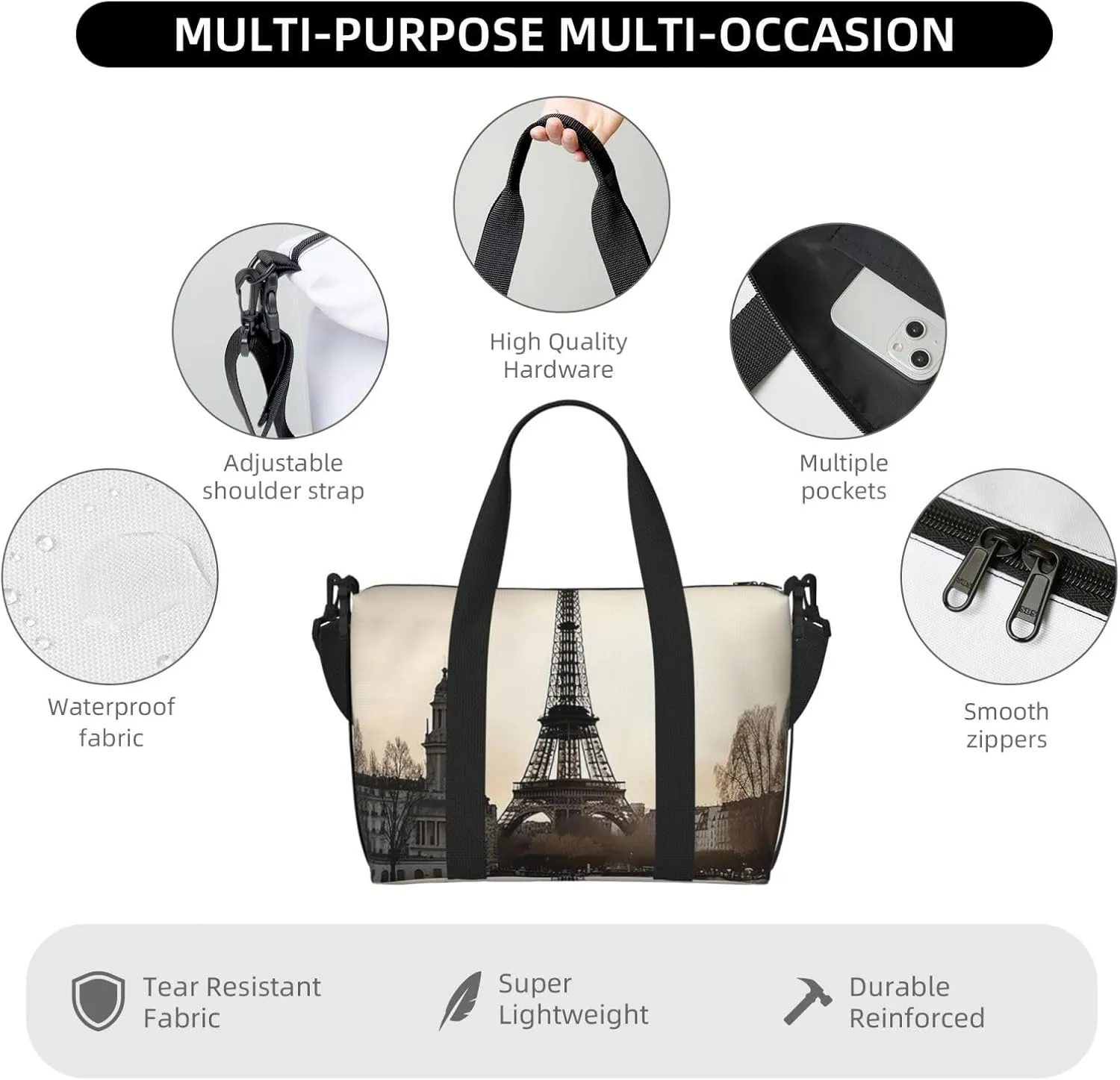 Sports Gym Bag for Women Men Travel Duffel Bag Tote Weekender Bag Carry on Overnight Bag for Travel Swimming Fitness Workout Sports Travel Paris Duffle Bag